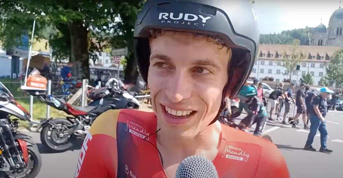 Gino Mäder interviewed during the first stage of the Tour de Suisse.