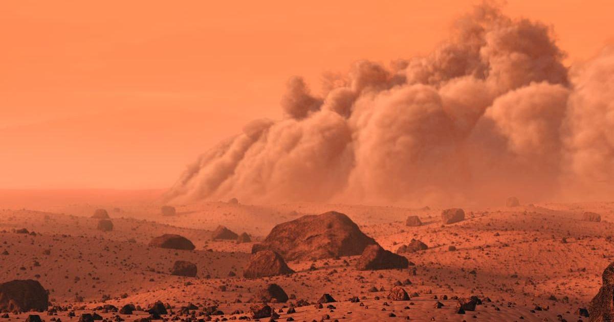 Illustration of a Martian dust storm. (Representative Cover Image Source: Getty Images | Mark Garlick | Science Photo Library)