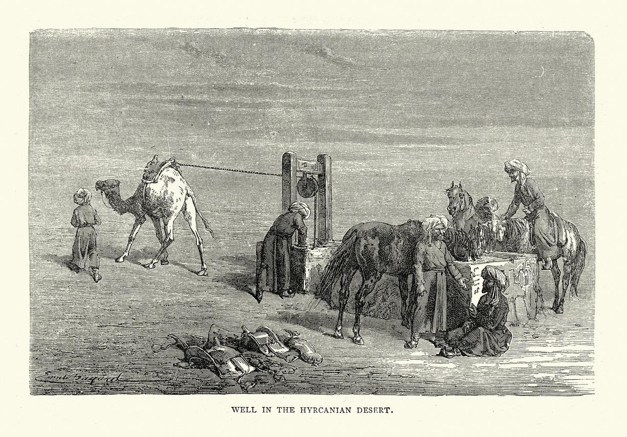 An illustrated picture of people and their horses making use of a well in the desert in the 1870s.