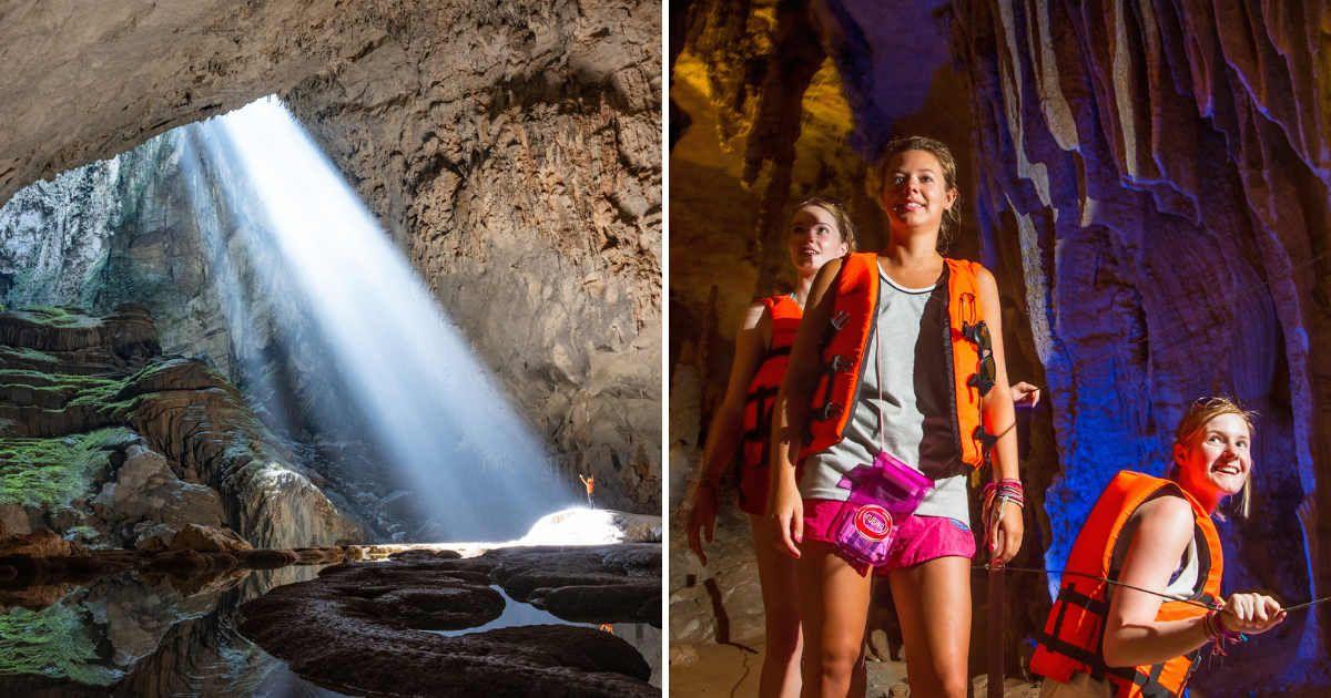(L) Son Doong Cave in Vietnam, the largest national cave in the world, (R) Women tourists exploring a cave (Representative Cover Image Source: Getty Images | (L) Mathew Micah Wright, (R) Tran Tuan Viet)