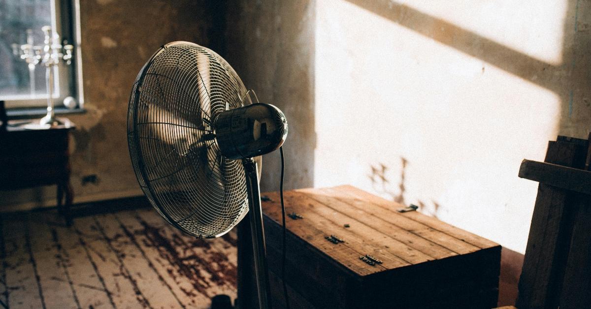 Standing room fan in a room with wooden floors and sunlight streaming through the window.