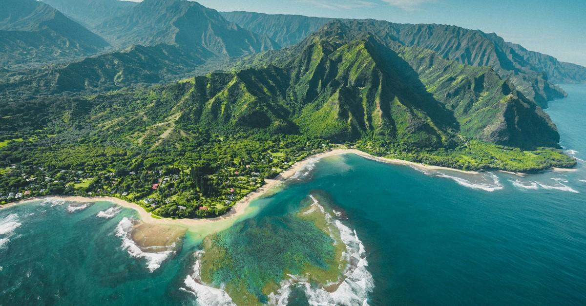 An overhead shot of the coast of Kauai, Hawaii