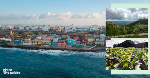 Over an image of colorful houses along a beach is an image of mountains, and a closeup of plants growing in a greenhouse