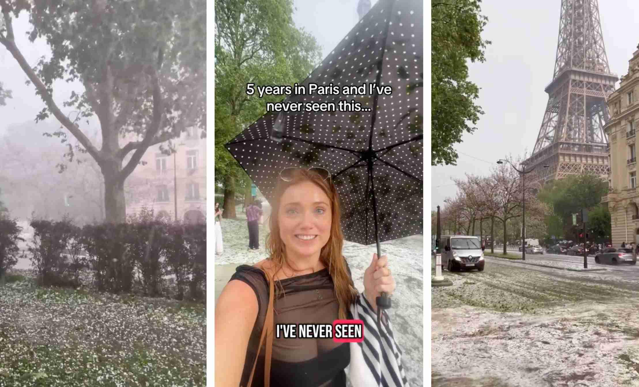 Three screenshots from a TikTok video depict heavy flooding and hail in Paris.