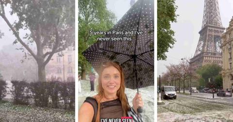 Three screenshots from a TikTok video depict heavy flooding and hail in Paris.