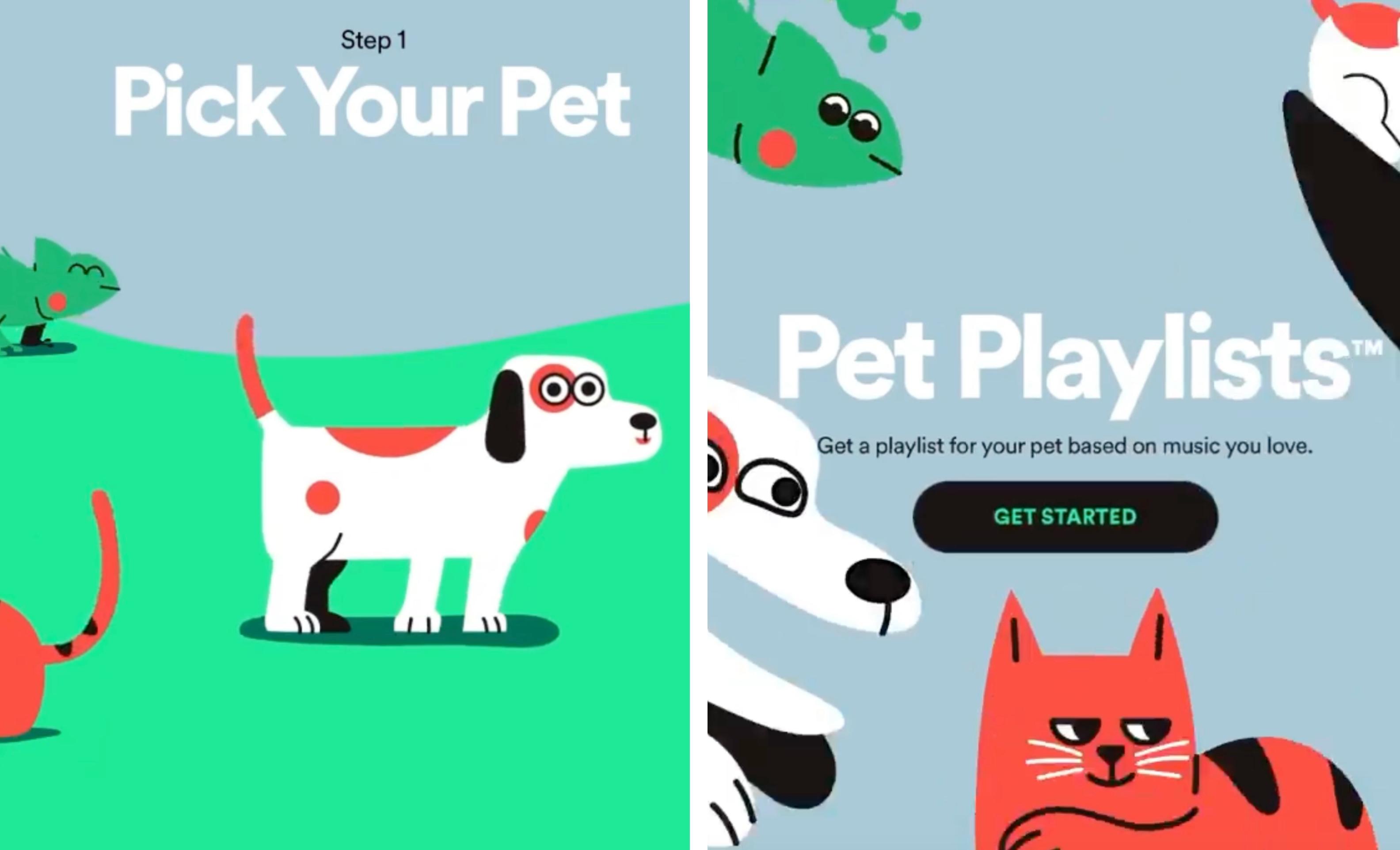 A collage depicts two steps to creating a Pet Playlists on Spotify.