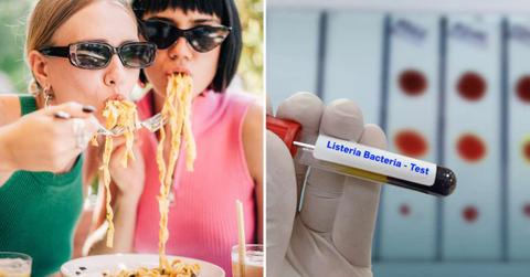 (L) Women eating Italian pasta, (R) Doctor holding test tube with blood sample for Listeria bacteria test. Diagnosis for Listeriosis bacteria disease (Representative Cover Image Source: Getty Images | (L) Md Zakir, (R) Yana Iskaneva)