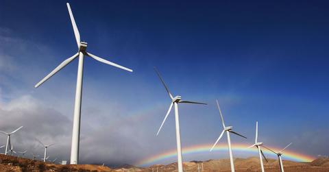 Wind turbines in a field, in front of a sunny blue sky with a double rainbow