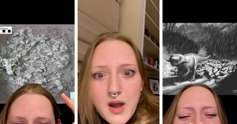 Three screenshots depict a TikTok user crying over pictures of dinosaur fossils.