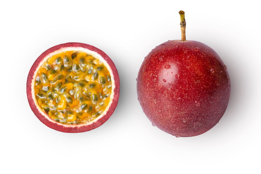A passion fruit cut in half. 