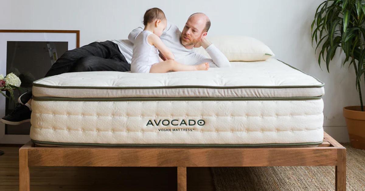 Man and baby lying on mattress with wooden bed frame in a bedroom with a rug, tree, and picture