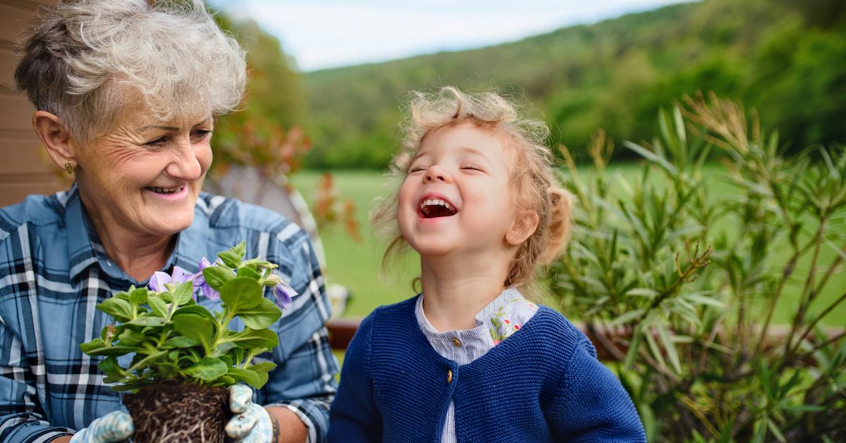 Grandmother and young child laughing while planting a garden