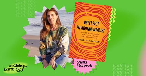 Collage on a green background with a photo of Sheila M. Morovati sitting on a beach, and the cover of her book 'Imperfect Environmentalist.'