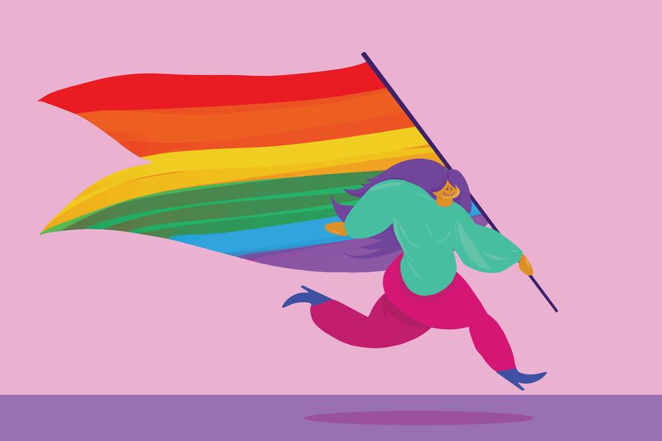 Person holding a pride flag stock photo illustration.