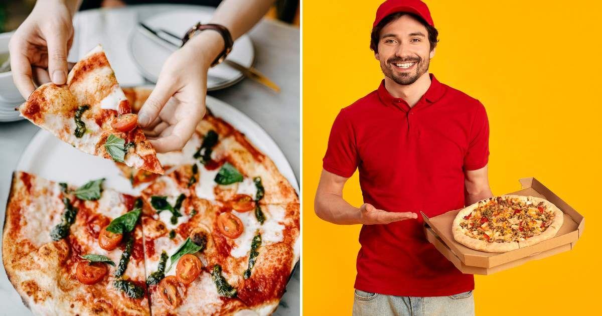 (L) Person taking a slice of freshly-made vegan pizza. (R) Pizza delivery man points to the box of pizza. (Representative Cover Image Source: Getty Images | (L) D3Sign, (R) Valerii Apetroaiei)