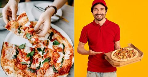 (L) Person taking a slice of freshly-made vegan pizza. (R) Pizza delivery man points to the box of pizza. (Representative Cover Image Source: Getty Images | (L) D3Sign, (R) Valerii Apetroaiei)