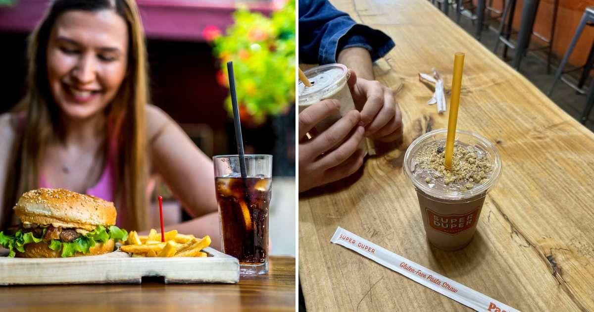 (L) Woman in a restaurant with a meal. (Representative Cover Image Source: Getty Images | LordHenriVoton) | (R) A burger chain uses pasta straws for beverages. (Cover Image Source: Reddit | u/bb-baxter)