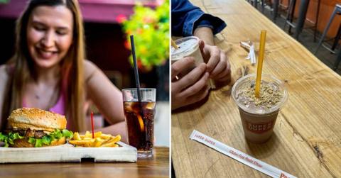 (L) Woman in a restaurant with a meal. (Representative Cover Image Source: Getty Images | LordHenriVoton) | (R) A burger chain uses pasta straws for beverages. (Cover Image Source: Reddit | u/bb-baxter)