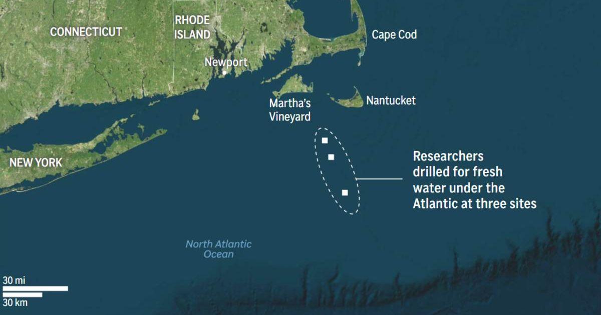 The team drilled under the seafloor off Massachusetts and extracted samples from the potential freshwater aquifer stretching from New Jersey to Maine. (Cover Image Source: AP reports; Mapcreator.io)