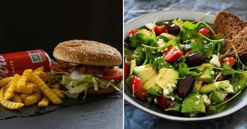 (L) Processed food including a burger, fries and soda. (R) A bowl of healthy salad. (Representative Cover Image Source: Pexels | (L) Dana Tentis, (R) Mirko Fabian)