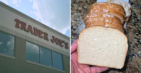 (L) Trader Joe's supermarket building (Representative Cover Image Source: Unsplash | Ranch) | (R) Person shows Trader Joe's sourdough bread with strange white specks (Cover Image Source: Reddit | u/Anthayden24)