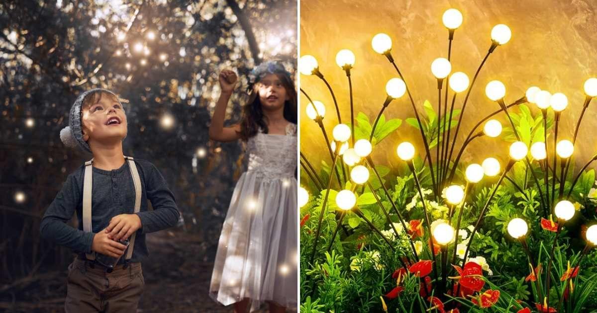 (L) Kids playing with fireflies in a garden. (Representative Cover Image Source: Getty Images | Issarawat Tattong) | (R) Amazon's solar garden lights. (Cover Image Source: Amazon)