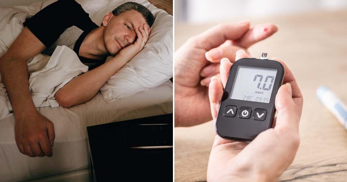 (L) Man in bed with his hand on his forehead. (R) A person checking their glucose levels in a glucometer. (Representative Cover Image Source: Getty Images | (L) Roxi Rosita, (R) Simple Images)