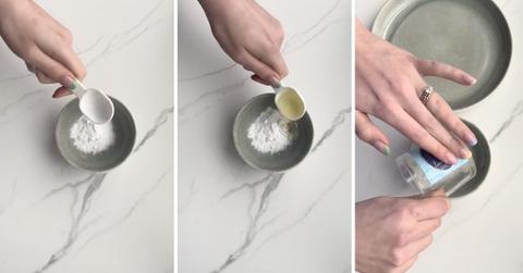 Screenshots from TikTok showing how to remove labels from glass jars.