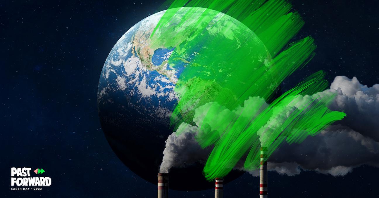 An image of Earth from space and smokestacks are partially obscured by a bright green drawing.