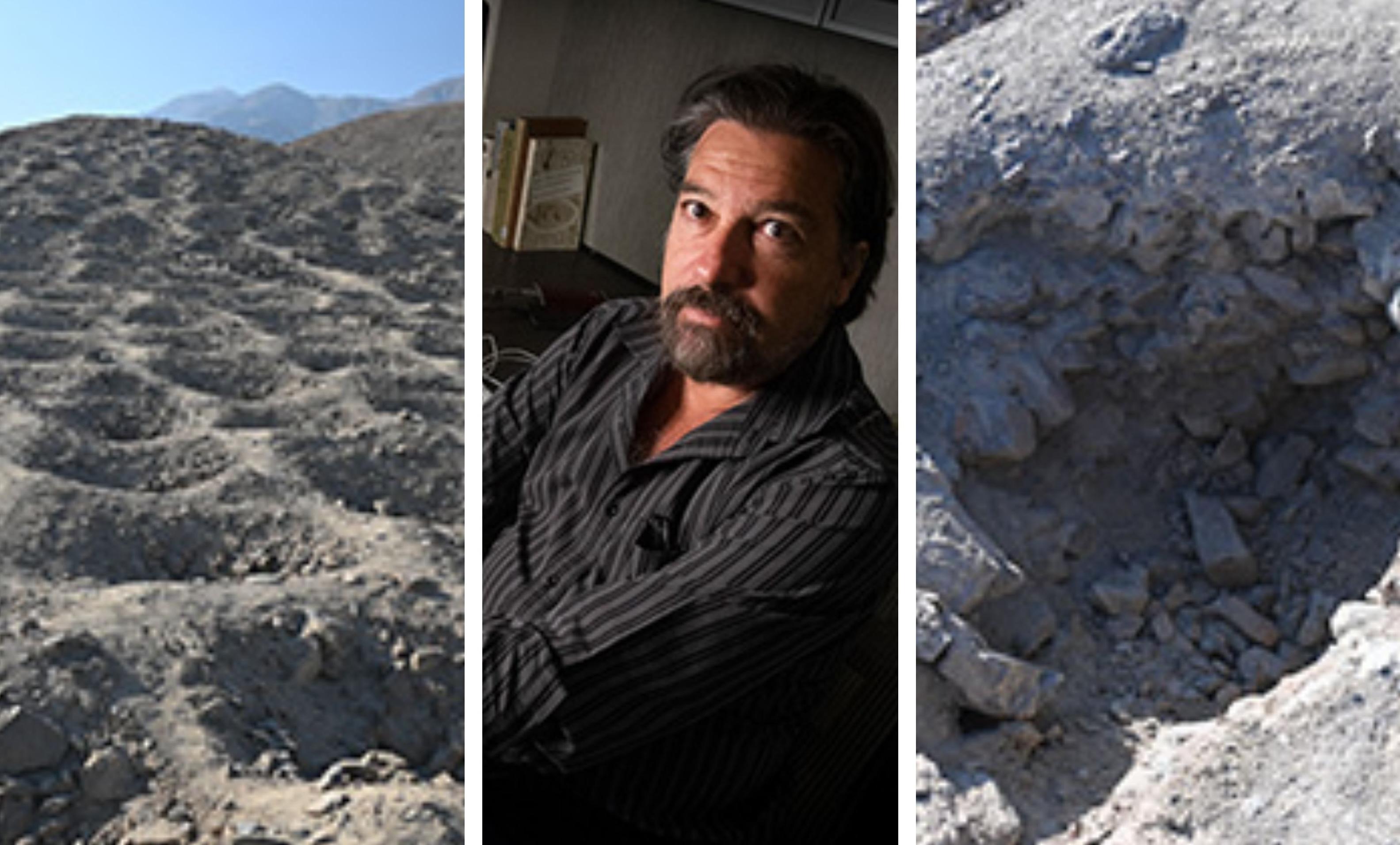 University of South Florida anthropologist Charles Stanish is pictured alongside the holes on Monte Sierpe.