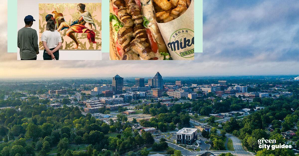 Background aerial photo of Greensboro, North Carolina, along with a smaller image from the eatherspoon Art Museum's Instagram page, a smaller image from Mike's Vegan Grill's Facebook page, and the Green Matters "Green City Guides" logo 