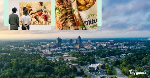 Background aerial photo of Greensboro, North Carolina, along with a smaller image from the eatherspoon Art Museum's Instagram page, a smaller image from Mike's Vegan Grill's Facebook page, and the Green Matters "Green City Guides" logo