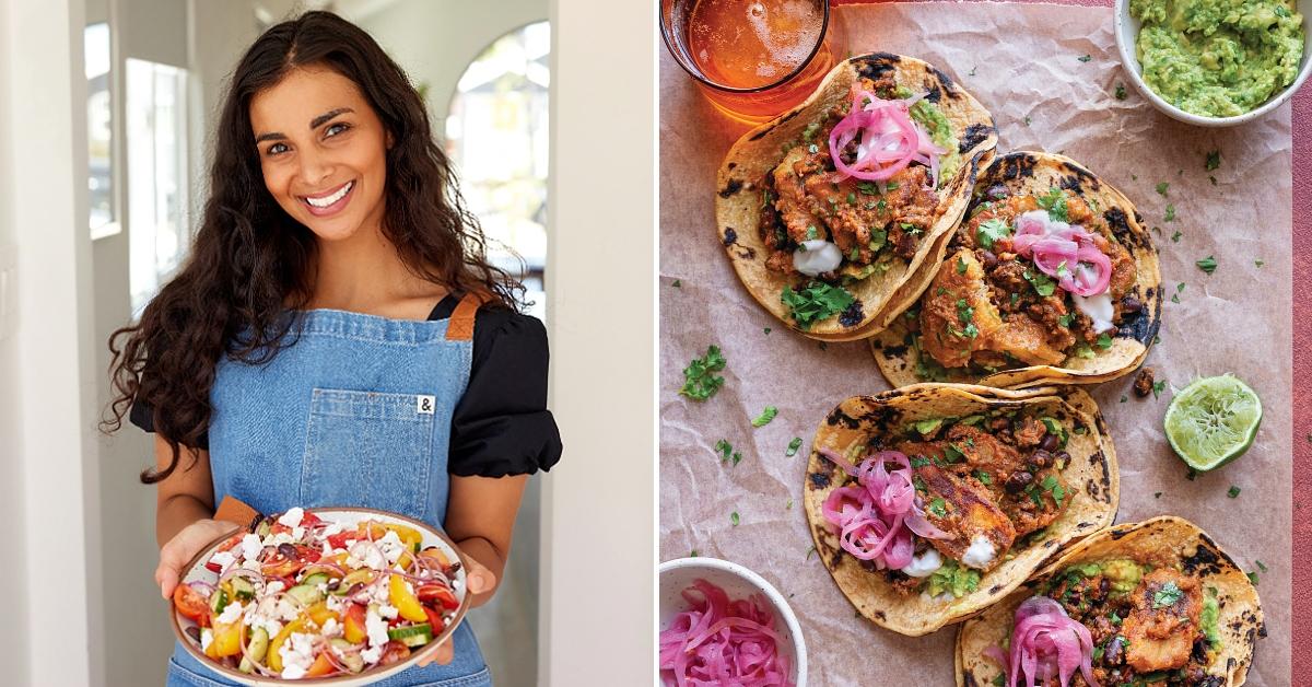 Side-by-side photos of cookbook author and content creator Nisha Vora holding a plant-based dish, and Vora's Jammy Plantains  