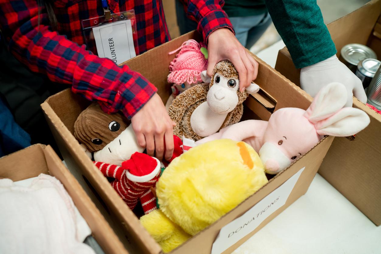 A brown box labeled "donations" contains multiple stuffed animals.