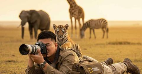 An AI-generated image shows a tiger lying on a photographer's back in the wild. Tigers live in Asia and aren't found in an African landscape alongside zebras and giraffes. (Cover Image Source: Facebook | Kristoffer Calma)