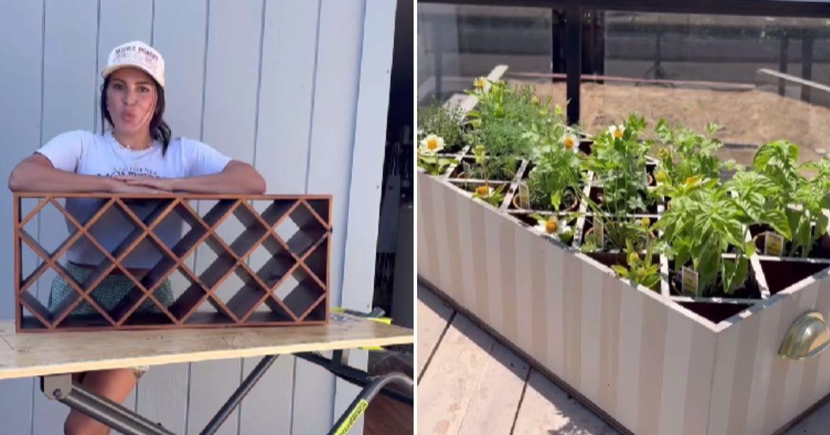 Woman repurposes wine rack into a herb garden. (Cover Image Source: Instagram | @theflippedpiece)