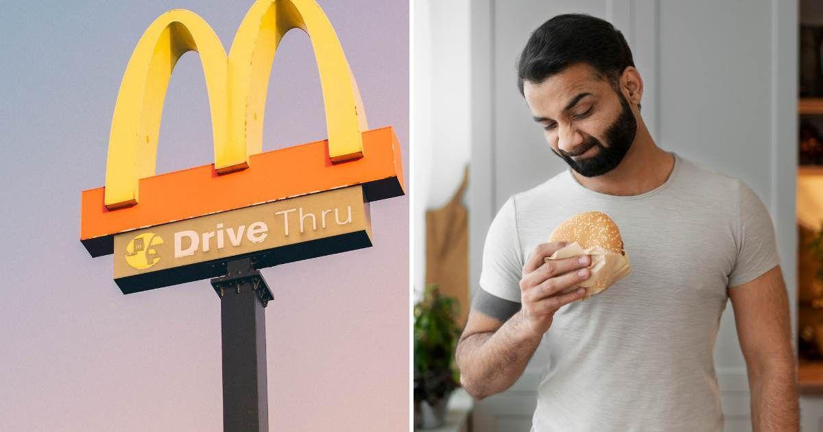 (L) McDonald's Drive-thru sign mounted on a pole, (R) Man makes a grumpy expression while looking at a burger (Representative Cover Image Source: (L) Unsplash | A Befendo, (R) Freepik)