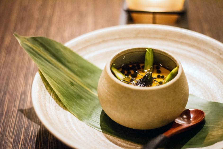 Tofu soup with vegan caviar