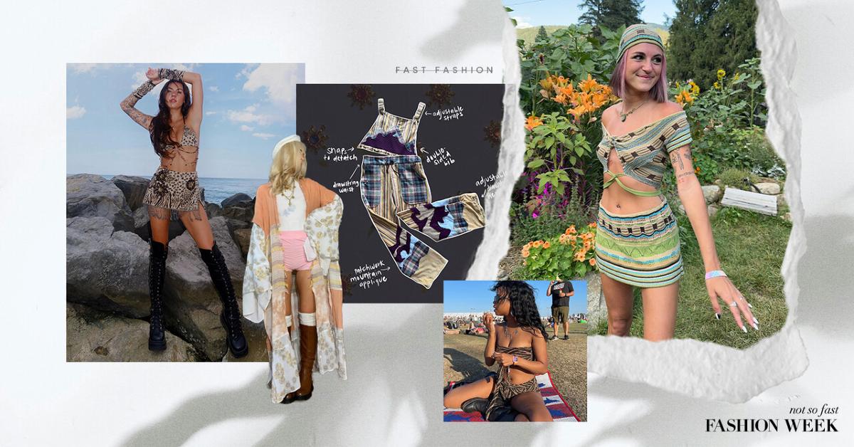 Collage of images from upcycling designers (from left to right) Payton Wilson, Taylor Bratton, Taya "TS," and Brooklyn Karasack, alongside Green Matters's "Not so Fast Fashion" logo 