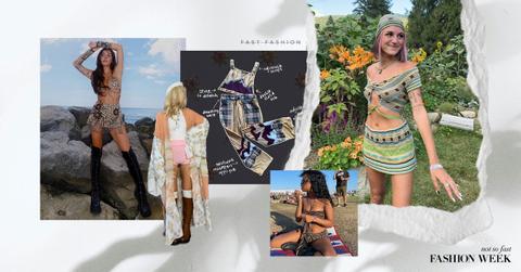 Collage of images from upcycling designers (from left to right) Payton Wilson, Taylor Bratton, Taya "TS," and Brooklyn Karasack, alongside Green Matters's "Not so Fast Fashion" logo