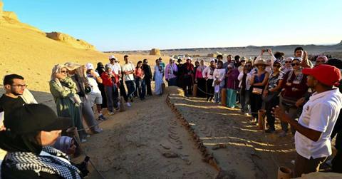 A group of tourists views a Doriodon whale fossil at Wadi Al-Hitan (Cover Image Source: Getty Images | Sayed Hassan)