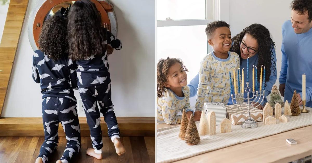 Two children in matching bats-patterned pajamas, a family of four with a menorah, all in Hanukkah pajamas