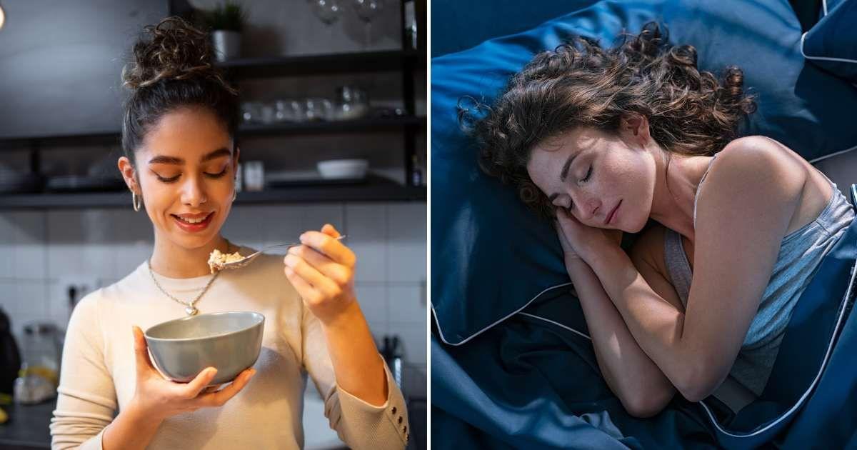 (L) A young woman eats a meal from a bowl in her kitchen. (R) A young woman is sound asleep on her bed. (Representative Cover Image Source: Getty Images | (L) Milan Markovic, (R) Ridofranz)