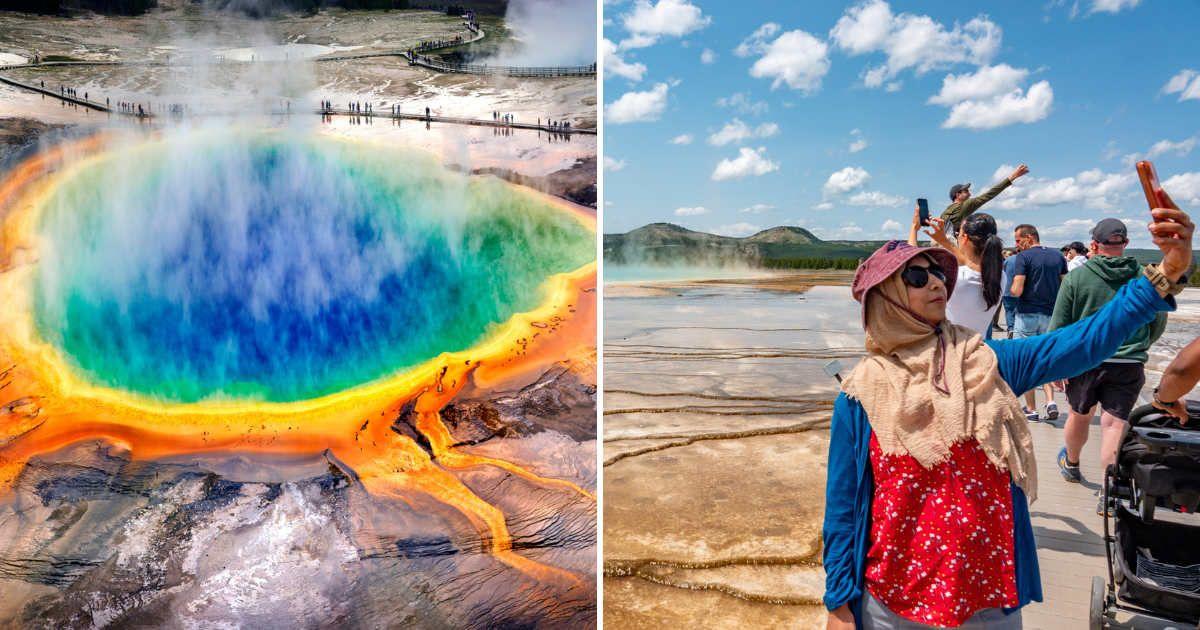 (L) Thermal pool at Yellowstone, (R) Visitors snapping selfies near a geyser (Representative Cover Image Source: Getty Images | (L) Igacious Palacios, (R) Moonstone Images)