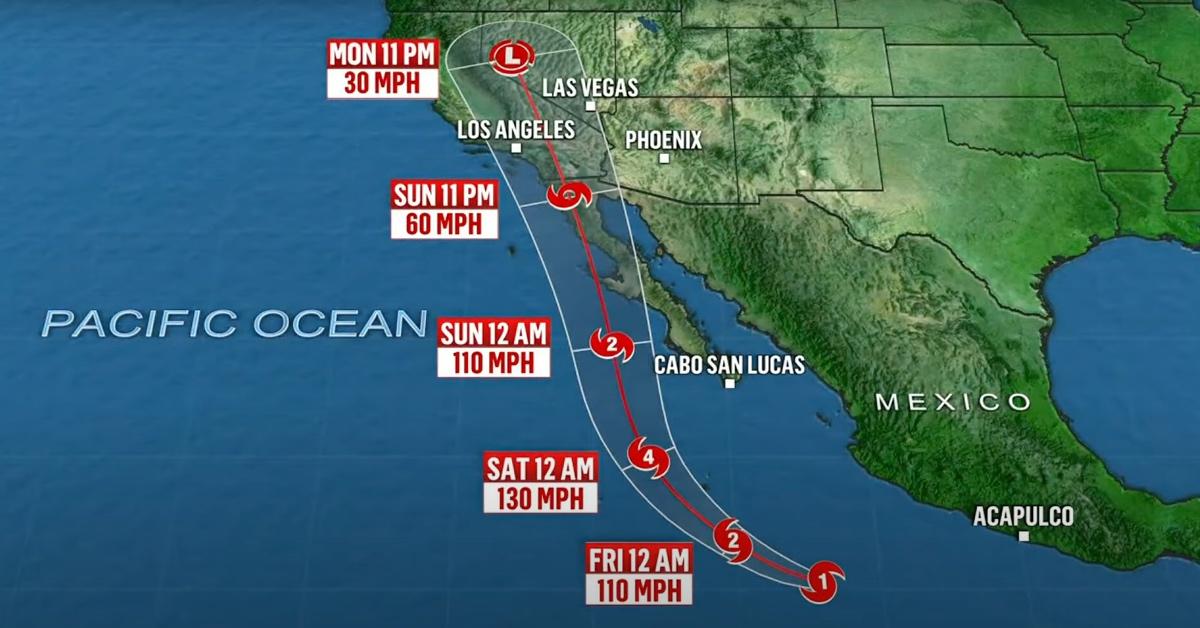 Map marking the path of Hurricane Hilary through Southern California.