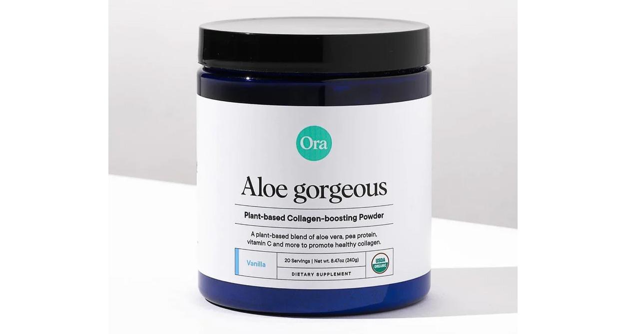 Ora Aloe Gorgeous vegan collagen-boosting powder in a blue tub.