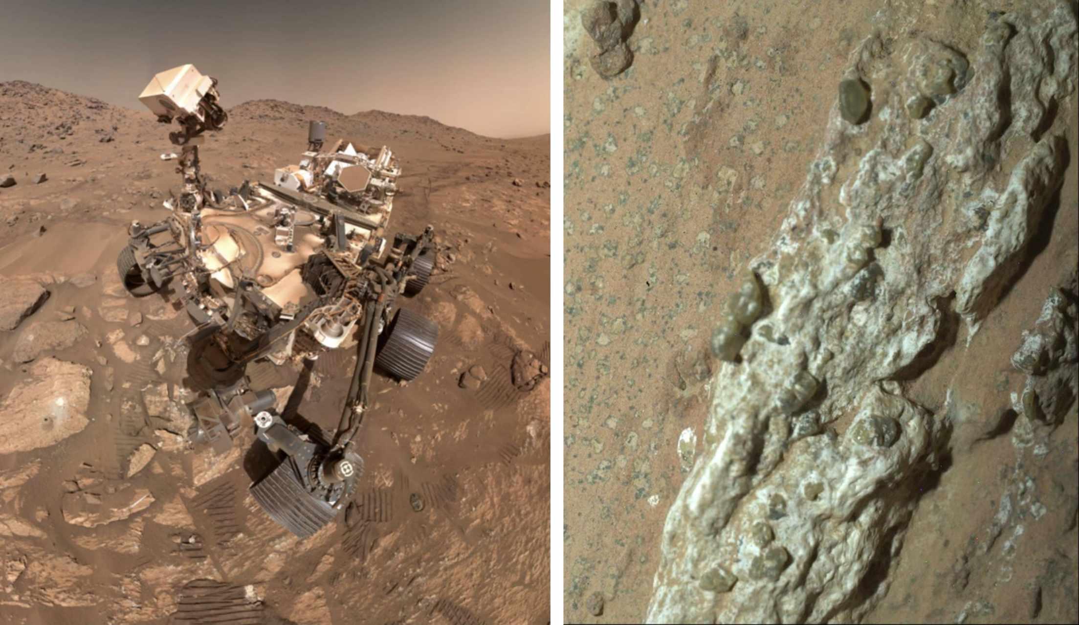 Two pictures depict the NASA Mars rover and the rock formation it discovered.