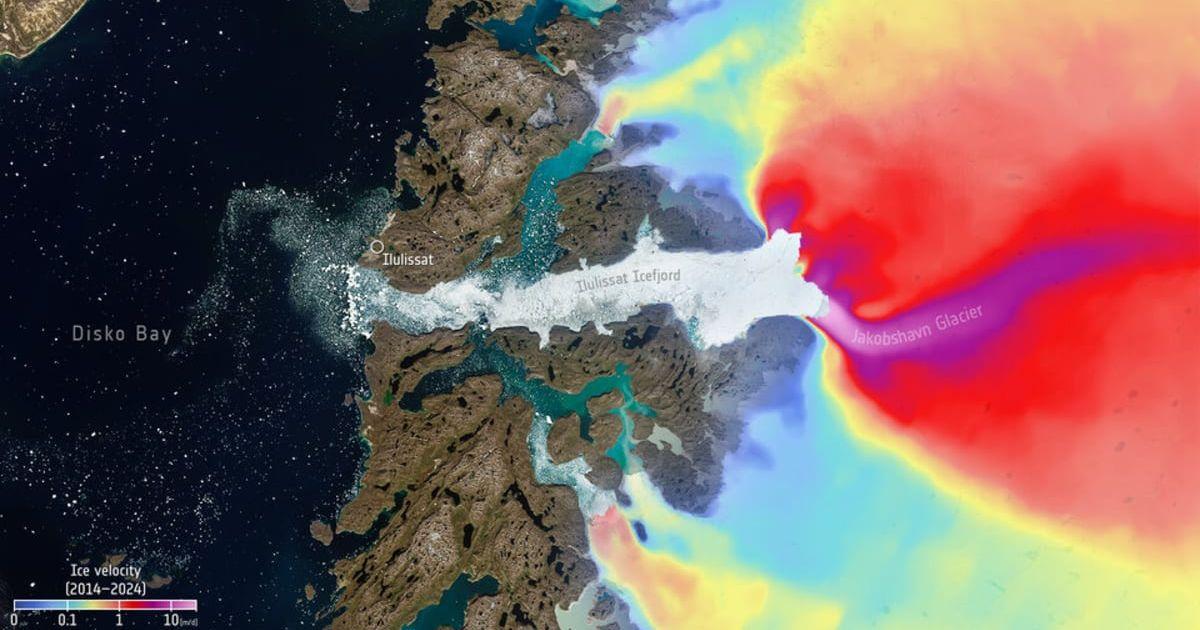 Ice velocity on Jakobshavn Glacier in Greenland, 2014–2024 (Cover Image Source: ESA)