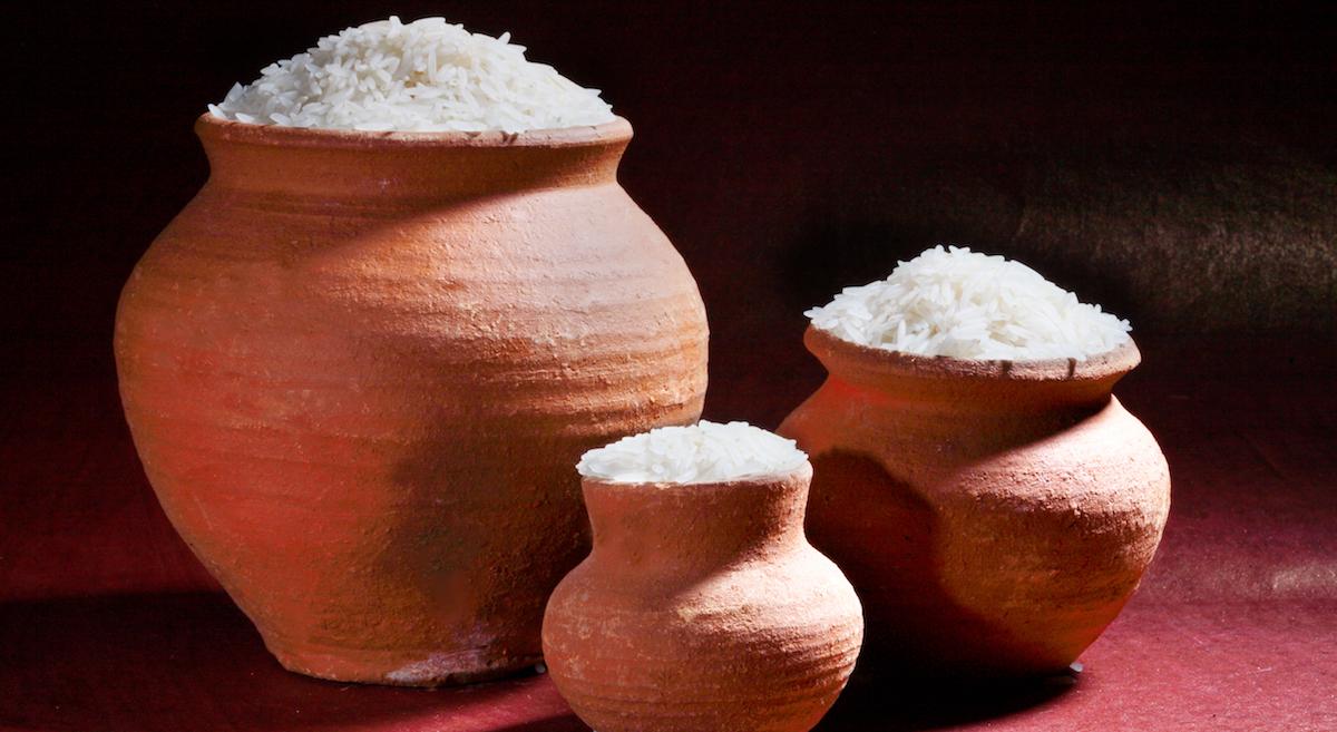 Clay pots of rice