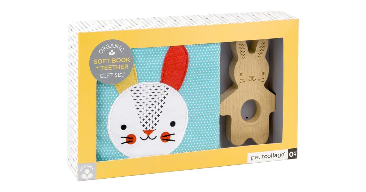 colorful baby book and wooden bunny-shaped teether 